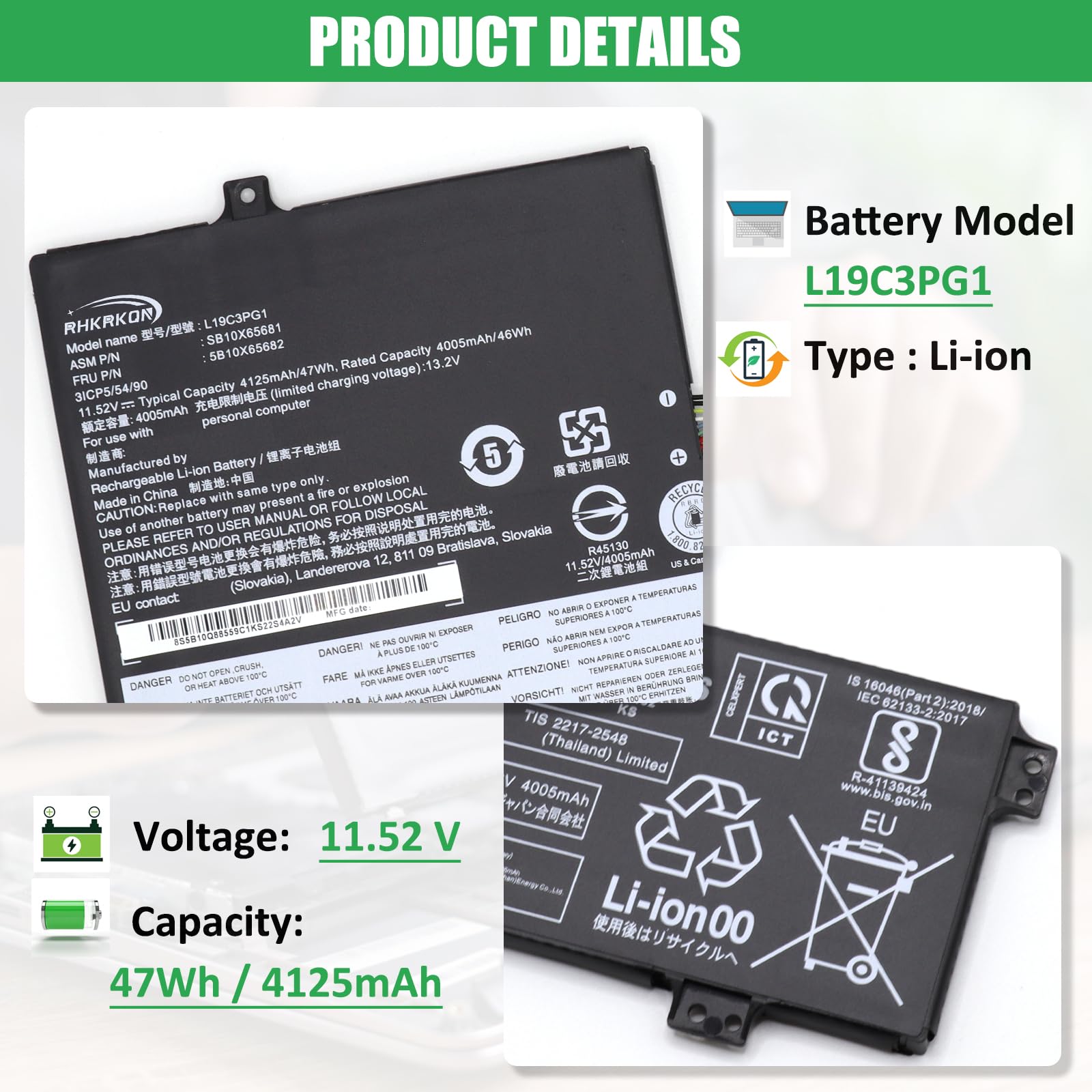 Amazon.com: RHKRKQN L19M3PG1 L19C3PG1 Laptop Battery Replacement